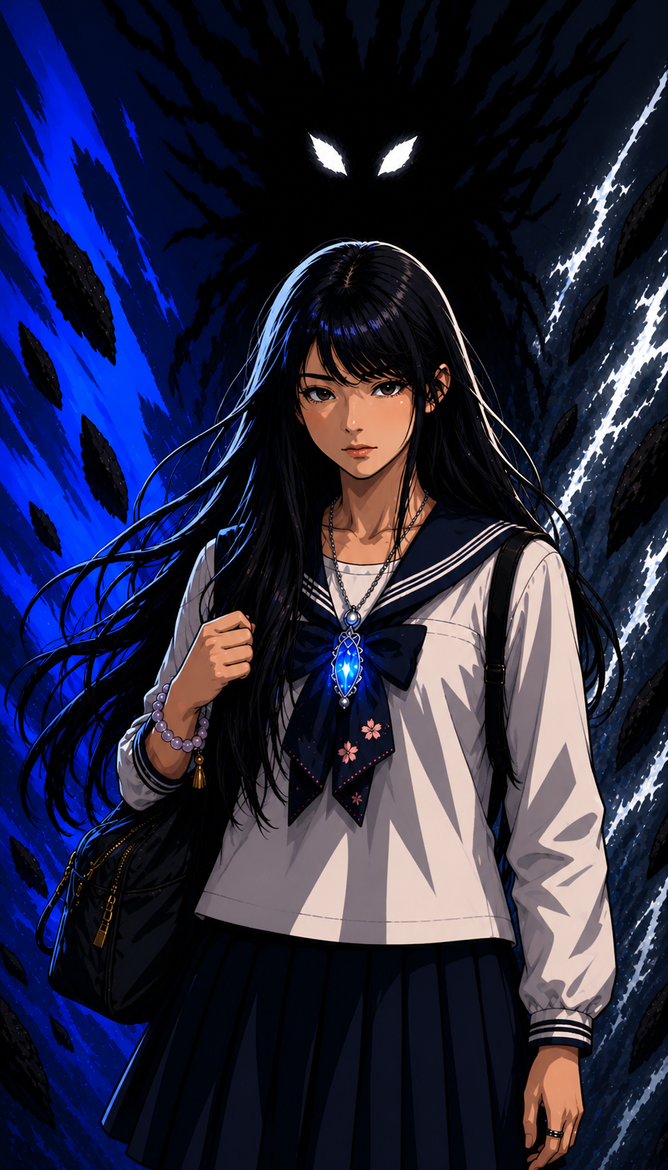Anime-style girl with long black hair in a school uniform, standing in front of a dark, shadowy creature with glowing white eyes and a menacing face, amidst a background of blue and black abstract patterns.