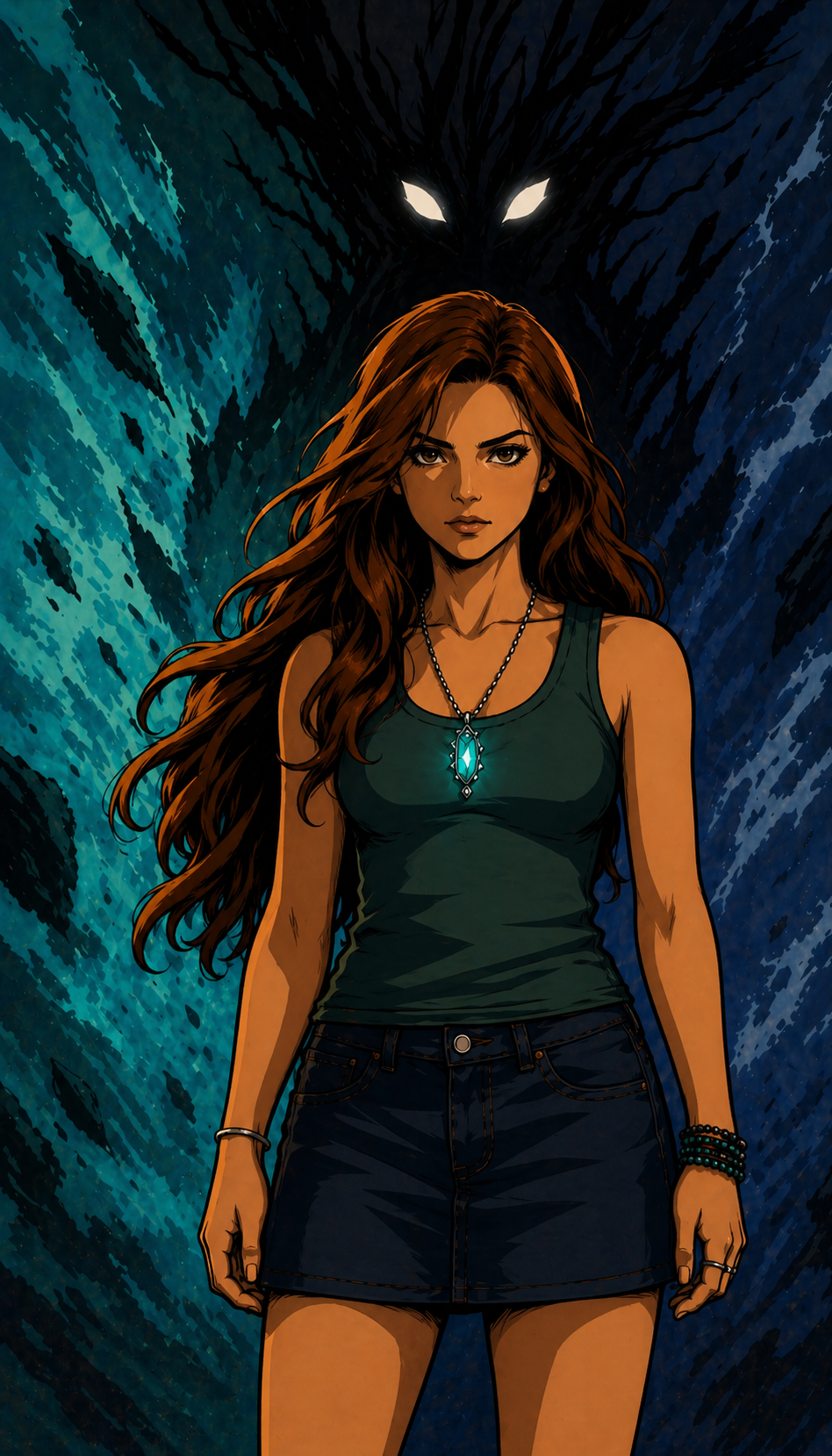 A young woman with long brown hair, wearing a dark tank top, a denim skirt, and jewelry including a necklace with a glowing turquoise gem, stands confidently in front of a dark background with an ominous, glowing pair of eyes.