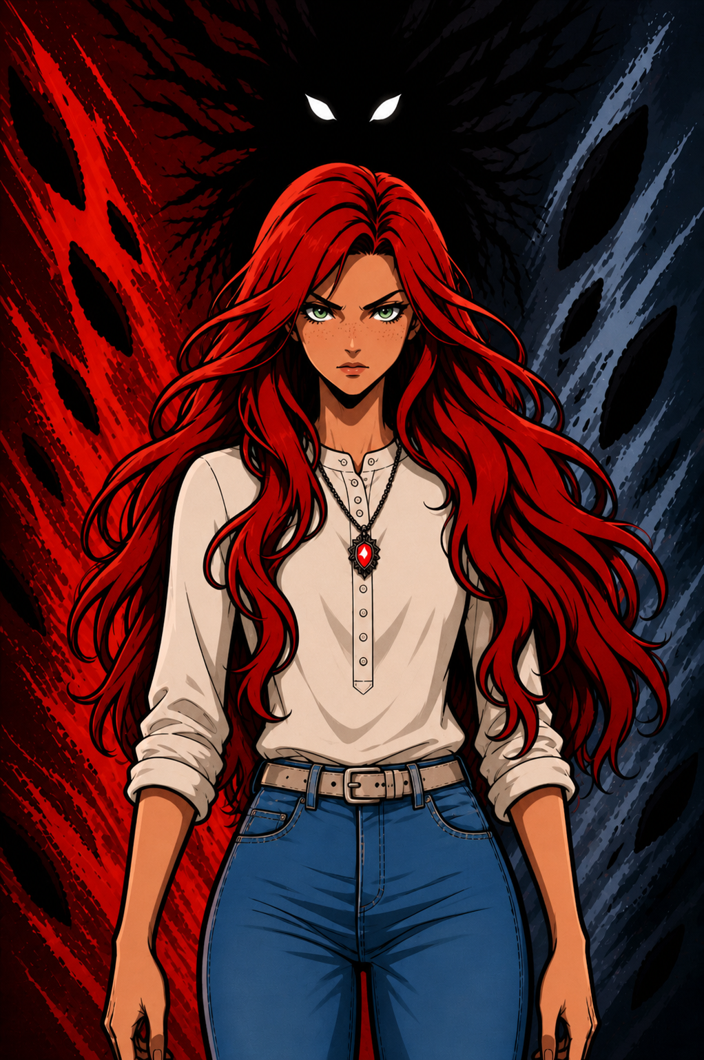 Digital illustration of a young woman with long, wavy red hair, green eyes, and a serious expression, wearing a beige shirt and blue jeans, with a red pendant necklace. Dark, shadowy figure with glowing white eyes and a face made of black, spiky tend