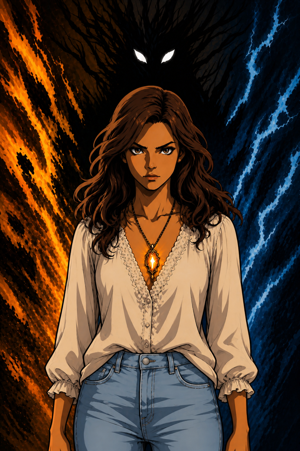 A young woman with long, wavy brown hair and a serious expression, wearing a cream blouse and blue jeans. She has a glowing, fiery pendant necklace. Behind her, a shadowy figure with glowing white eyes and dark shadows extending outward is visible, w