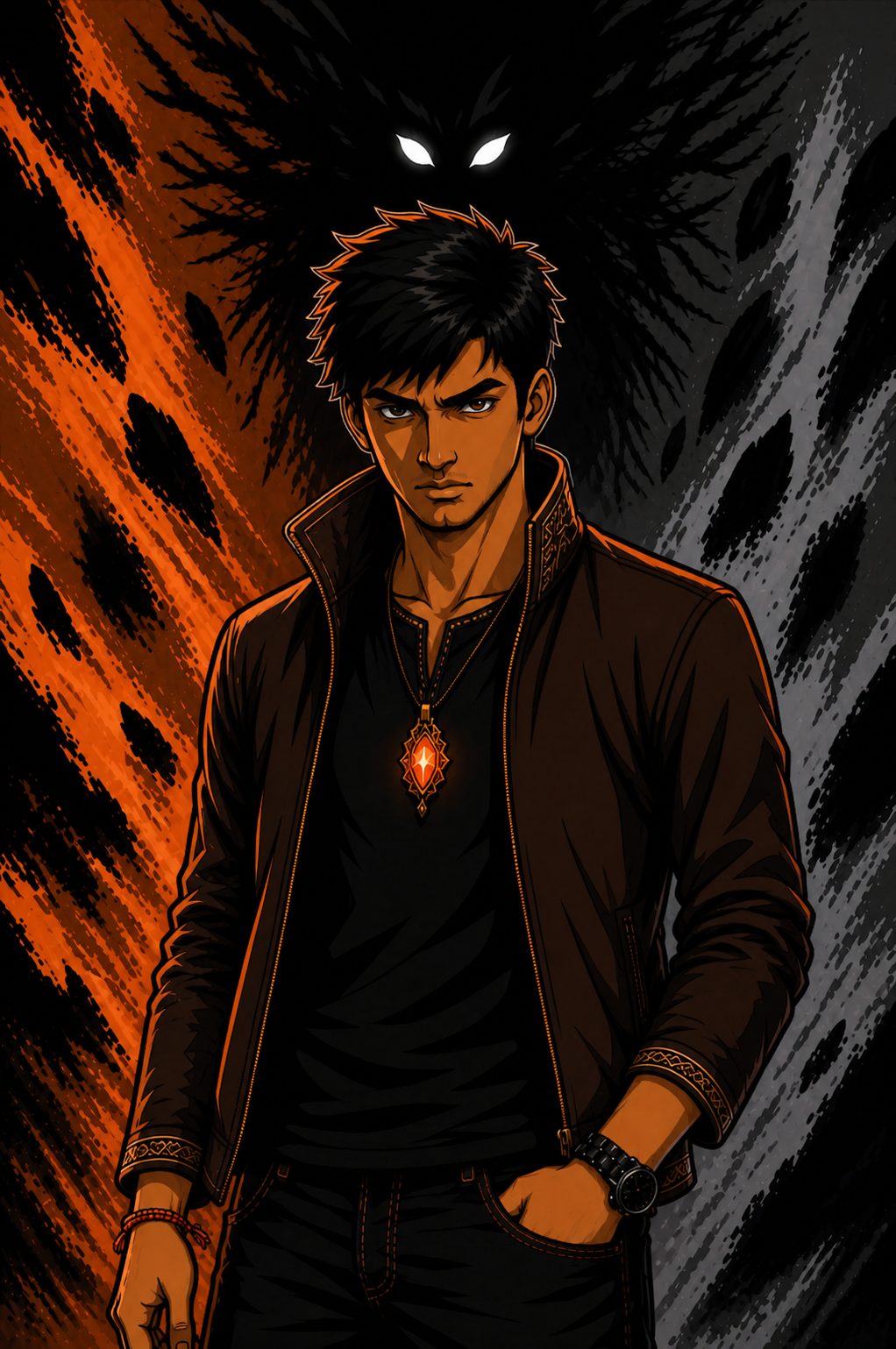 Animated illustration of a young man with dark hair in a black jacket, standing with a serious expression, with a shadowy creature with glowing eyes and many dark tendrils behind him. The background features orange and gray abstract patterns.