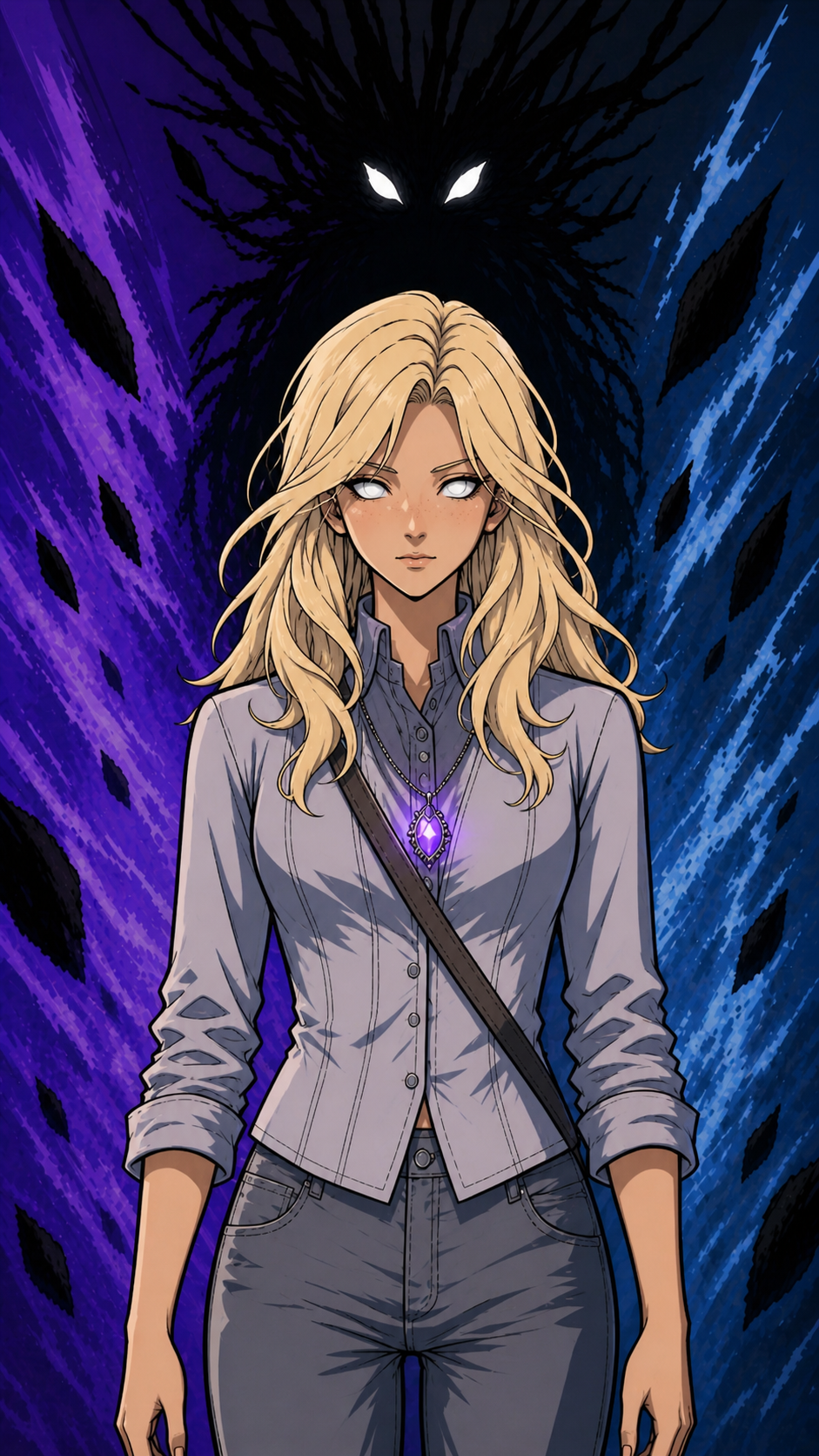 An anime-style woman with long blonde hair and glowing white eyes wearing a gray button-up shirt, with a purple pendant necklace, standing with a dark shadowy creature with glowing white eyes and tentacle-like hair looming behind her against a backgr