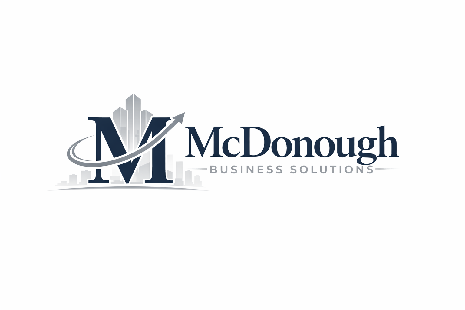 Logo for McDonough Business Solutions featuring a stylized 'M' with skyscrapers in the background and an upward arrow.