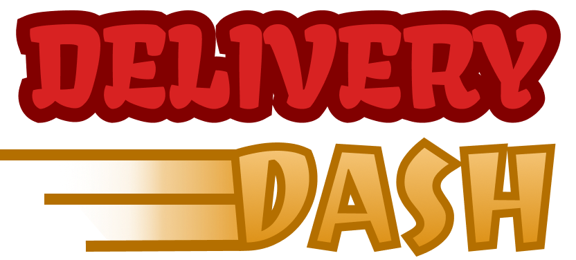 Logo with the words 'Delivery' in red and 'Dash' in gold, featuring a stylized wing behind 'Dash'.