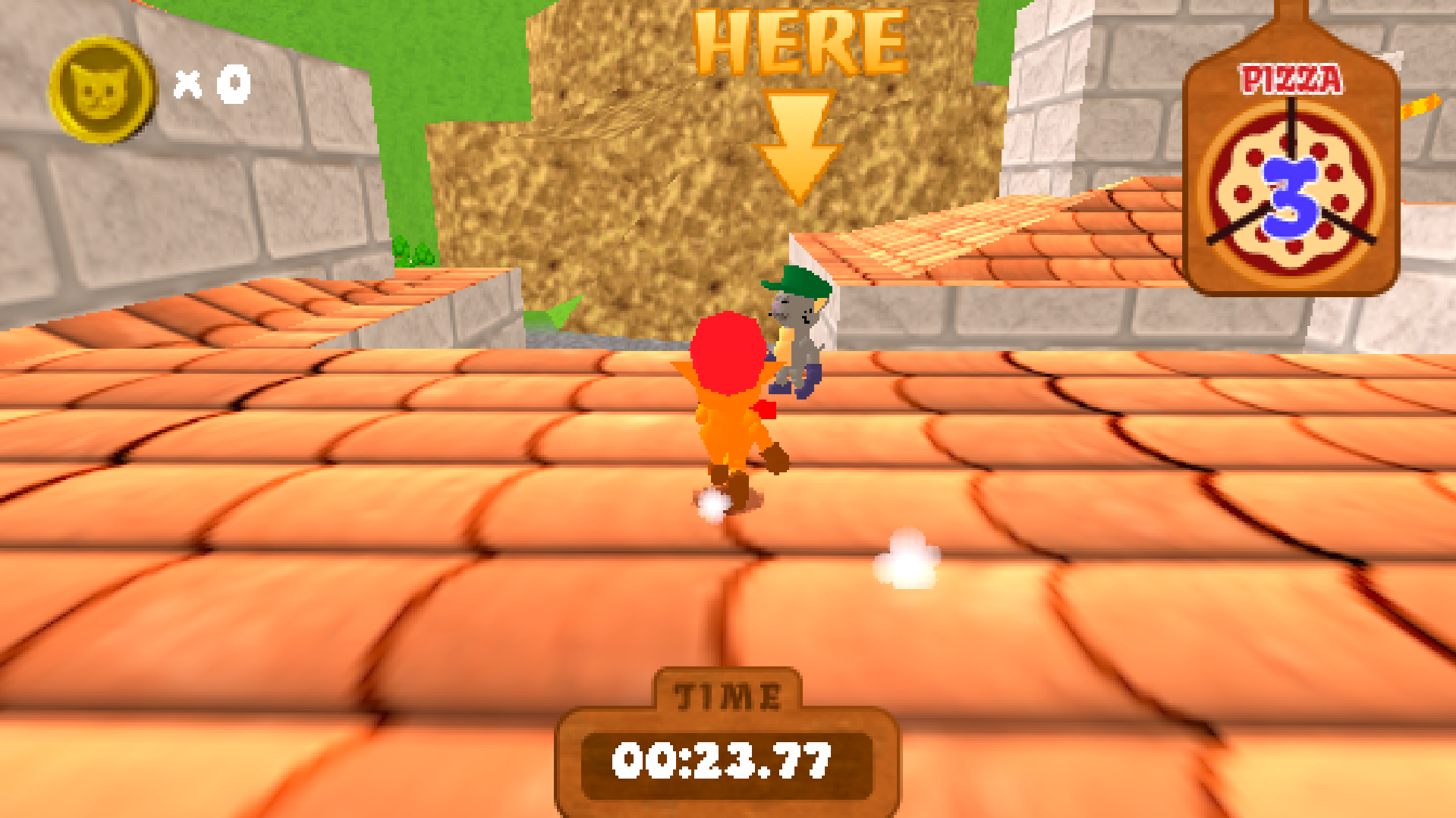 A screencap of Delivery Dash gameplay. Edwin, an orange cartoon cat with a red cap, running towards a grey cartoon cat with a green cap. Edwin is going to deliver a pizza to the grey cat.