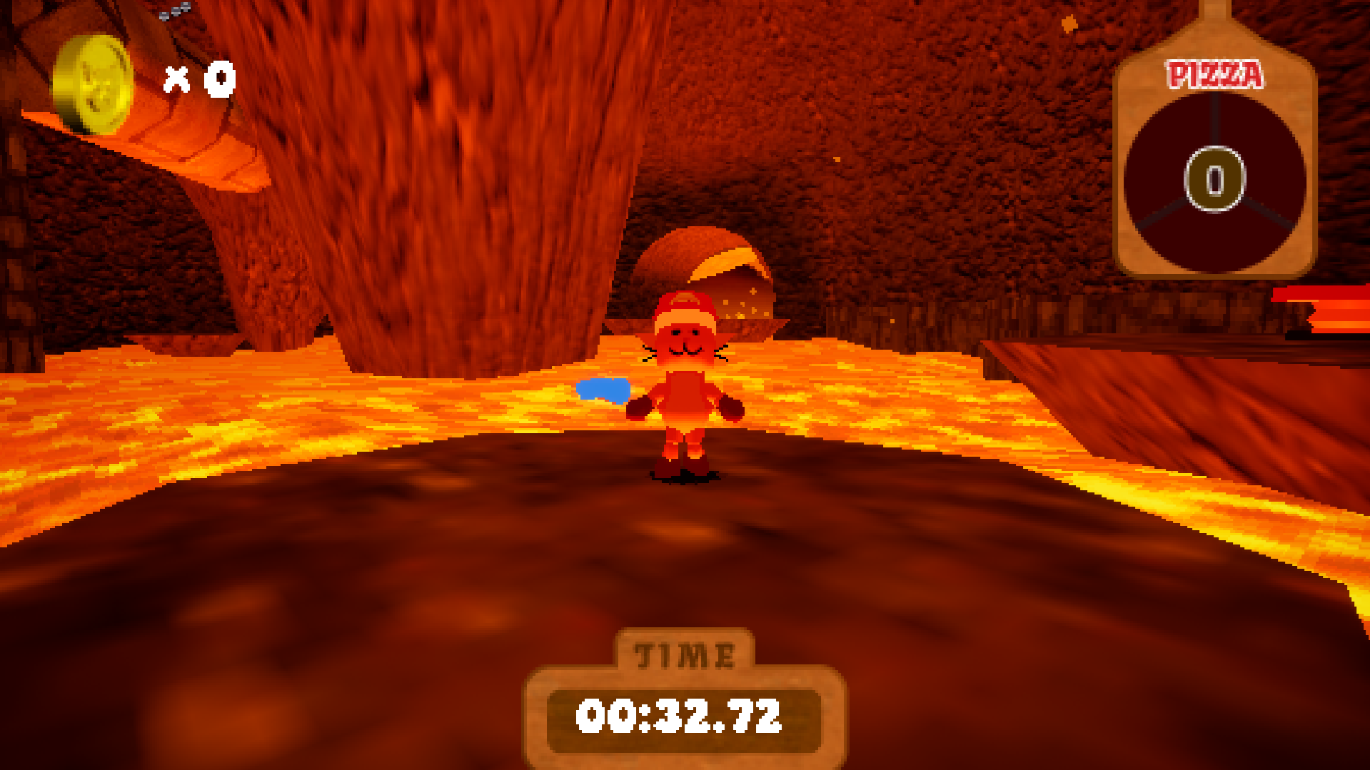 A gameplay screencap of Delivery Dash. In this screencap, Edwin, A cartoon cat, is posing for the camera within an active volcano.