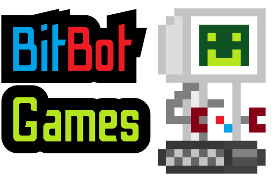 BitBot, a pixelated robot character with a green face and gray body next to the text 'Bit Bot Games' in blue, red, and green font with a thick black outline.