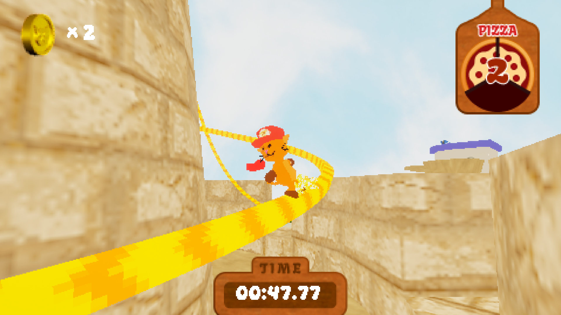 A screencap of Delivery Dash gameplay. Edwin, an orange cartoon cat, is grinding on a yellow rail.