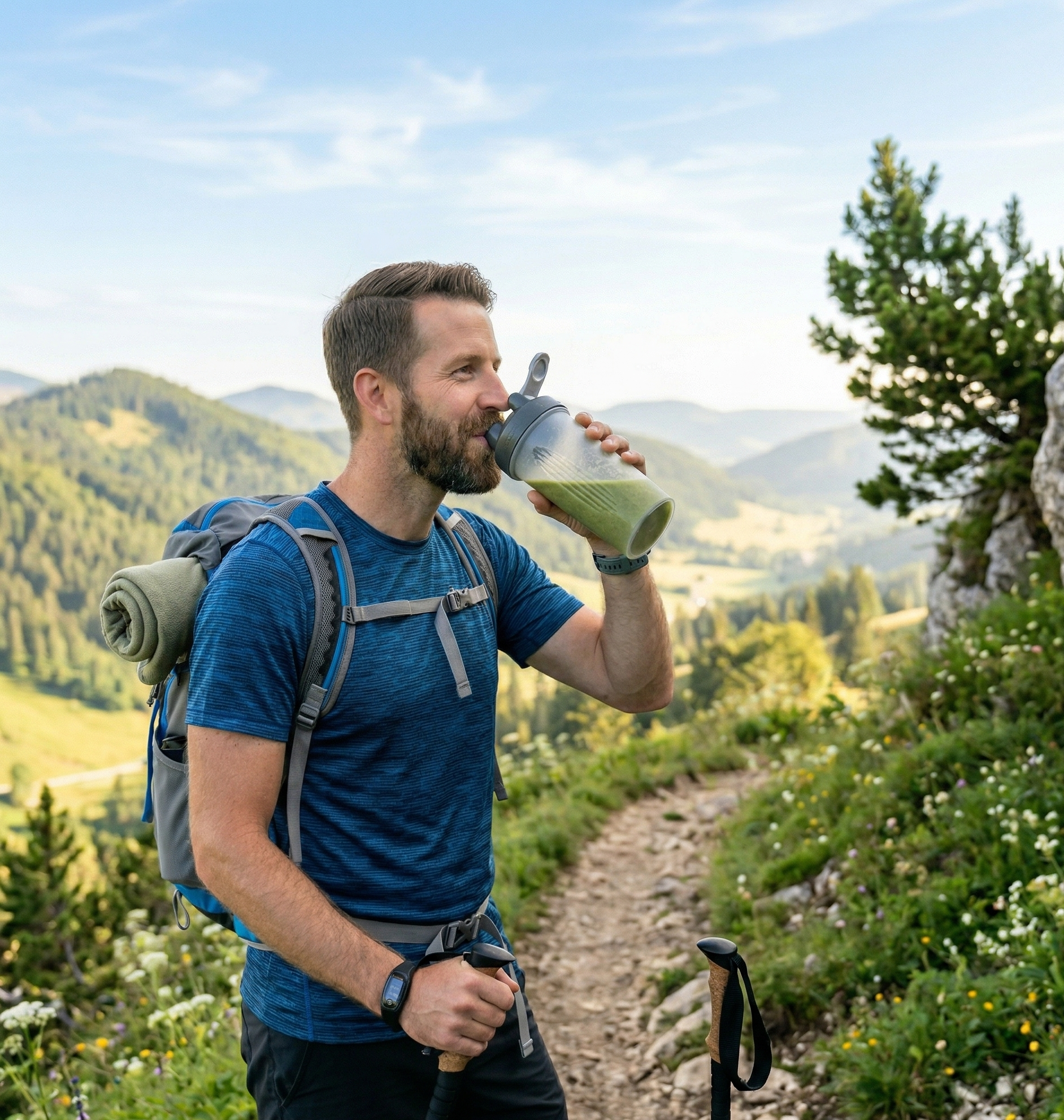 A man with a beard and short hair, wearing a blue athletic shirt and a hiking backpack, is drinking a green smoothie from a transparent water bottle while standing outdoors on a trail amid greenery and mountains under a partly cloudy sky.