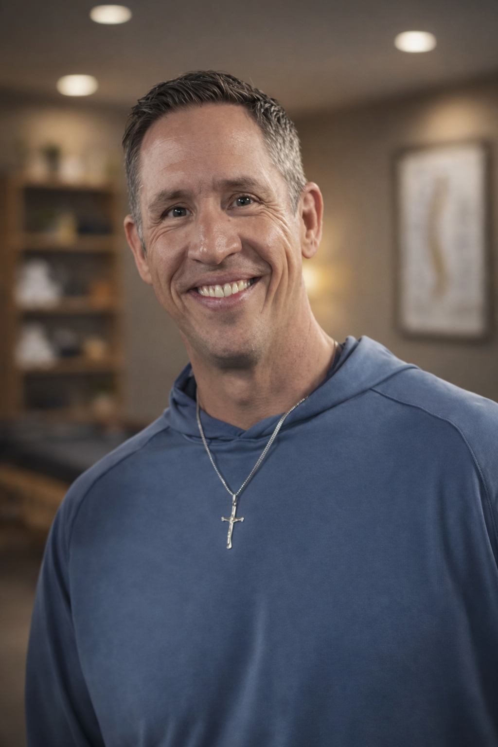 A smiling man wearing a navy blue hoodie and a silver cross necklace in a warmly lit room with wooden shelves and wall art in the background.