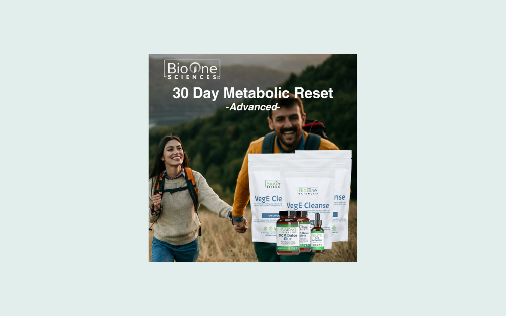 Advertisement for BioOne Sciences' 30 Day Metabolic Reset program, featuring a smiling man and woman hiking outside with bottles of supplements and product packages in the foreground.