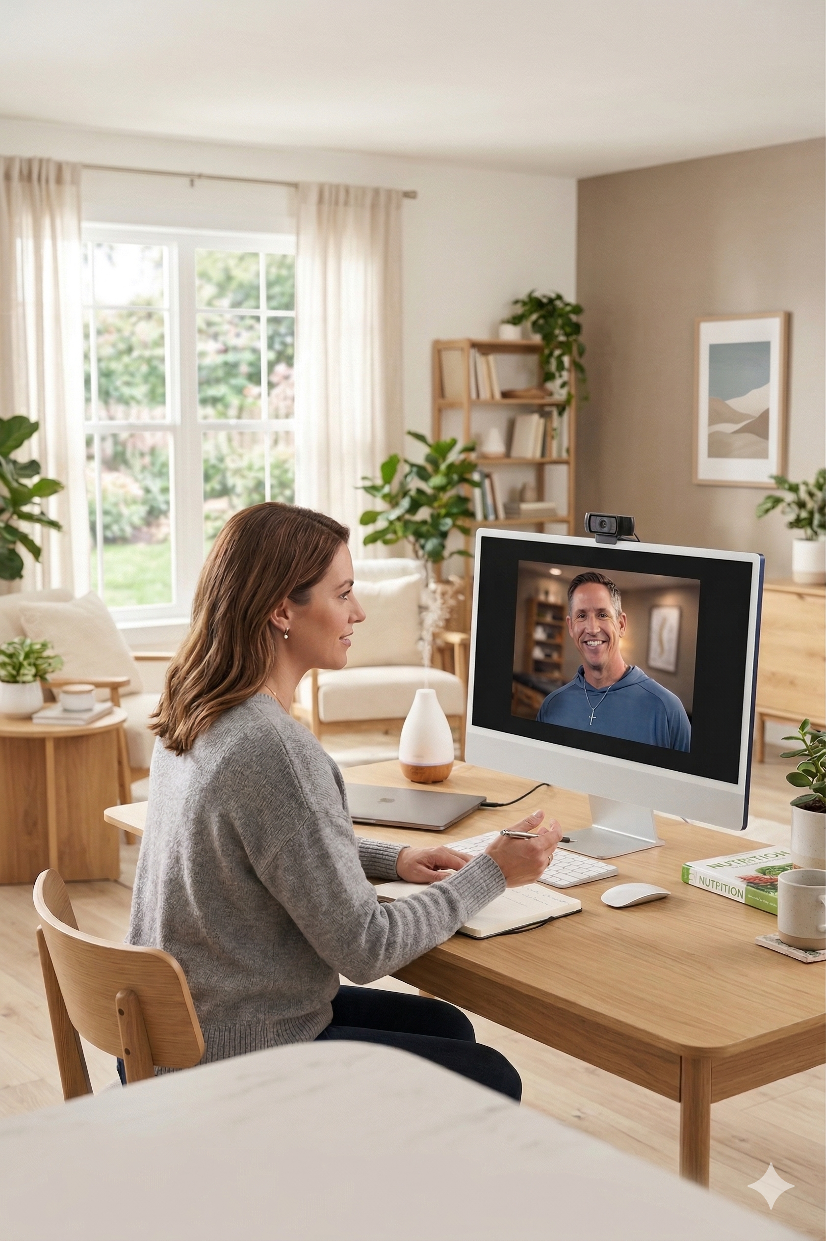 Woman with brown hair sitting at a wooden desk during a video call with a smiling man on her computer monitor in a well-lit, cozy living room with plants, bookshelves, and artwork.