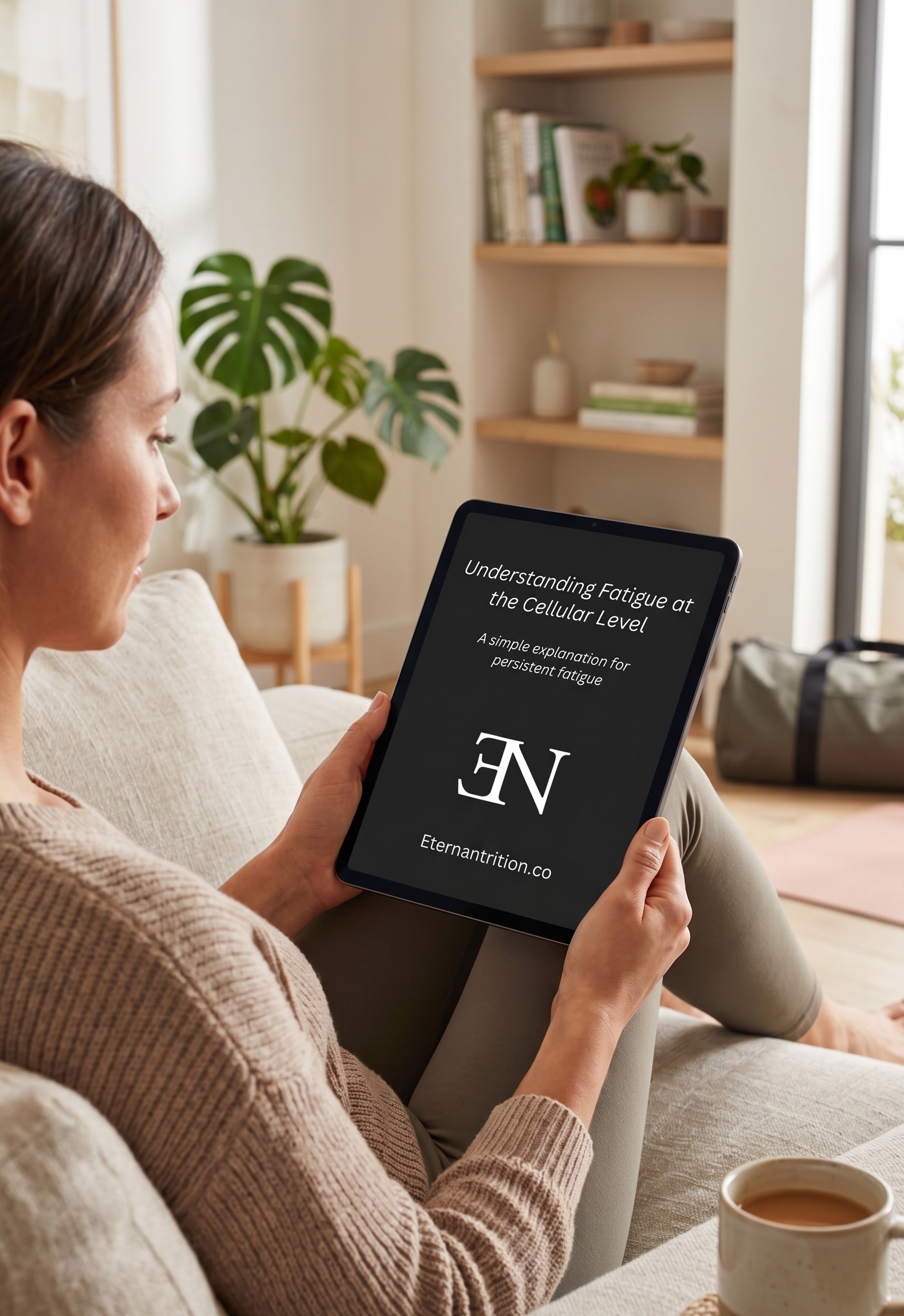 A woman holds a tablet displaying the text 'Understanding Fatigue at the Cellular Level' and the website 'Eternantrion.co.' She is sitting on a beige couch in a cozy, well-lit living room with a coffee mug nearby, a large houseplant, a bookshelf, and a window in the background.