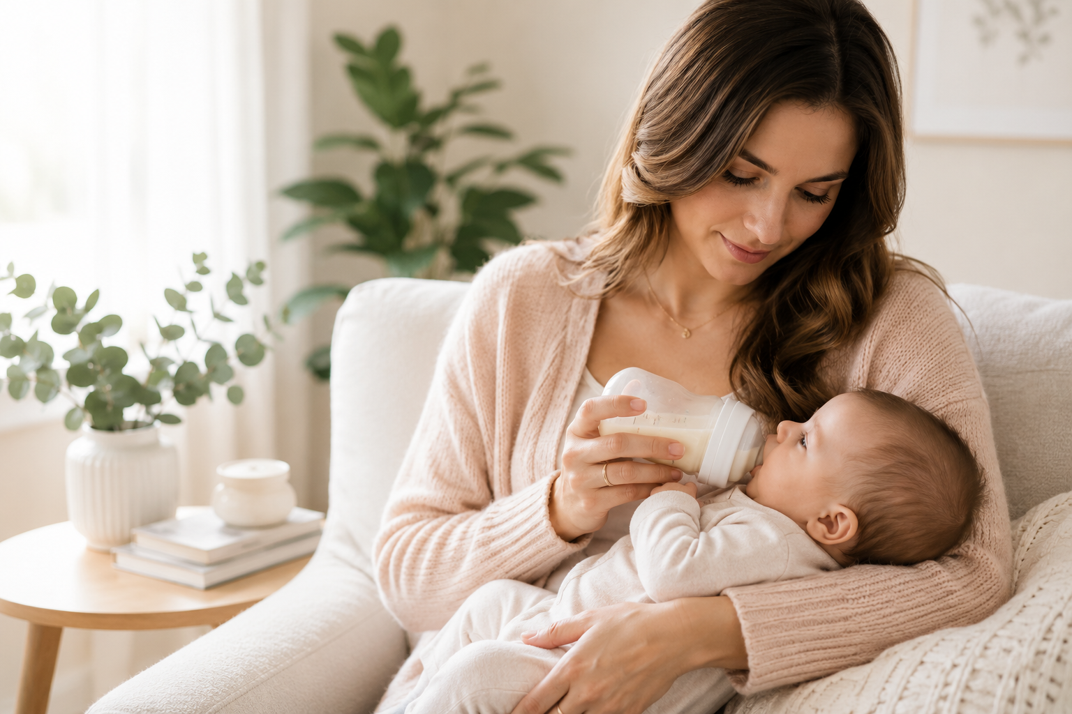 Mother bottle feeding her baby during an infant feeding consultation. The Nurturing Room provides lactation consulting, pediatric feeding therapy, and speech therapy throughout South Florida.