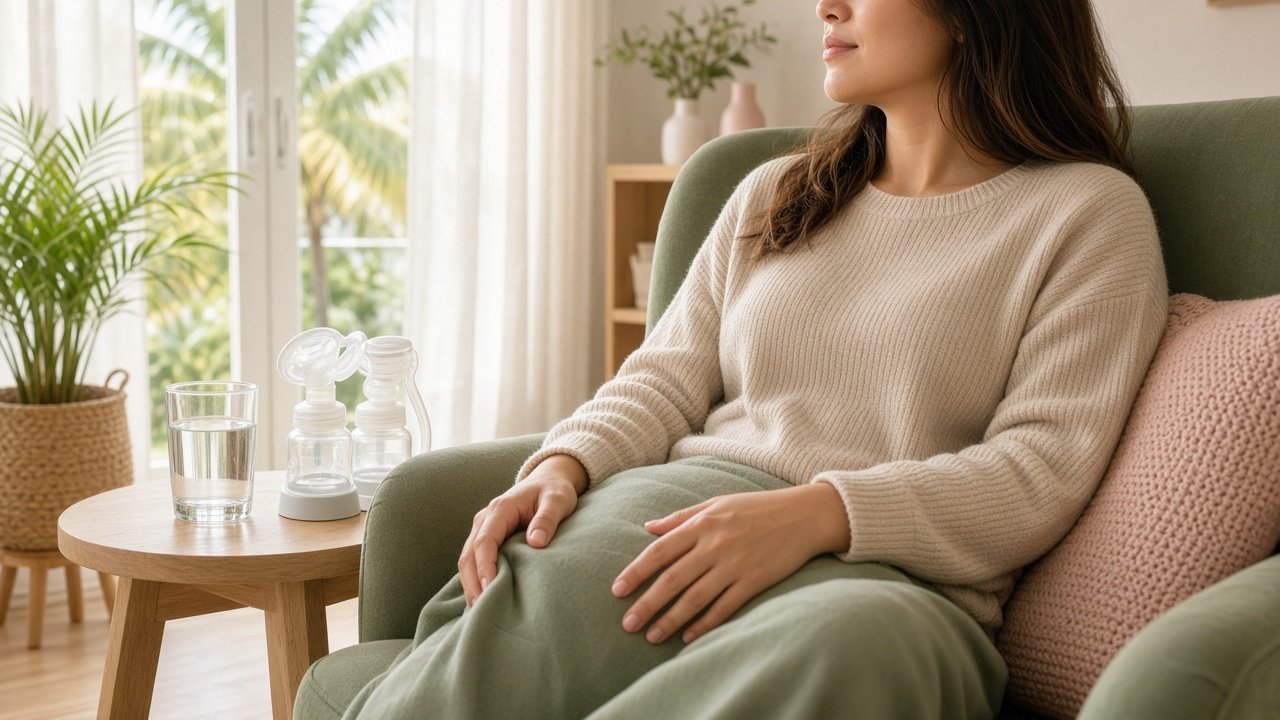 Parent sitting comfortably with a breast pump and a glass of water, ready for a pumping session at home in South Florida