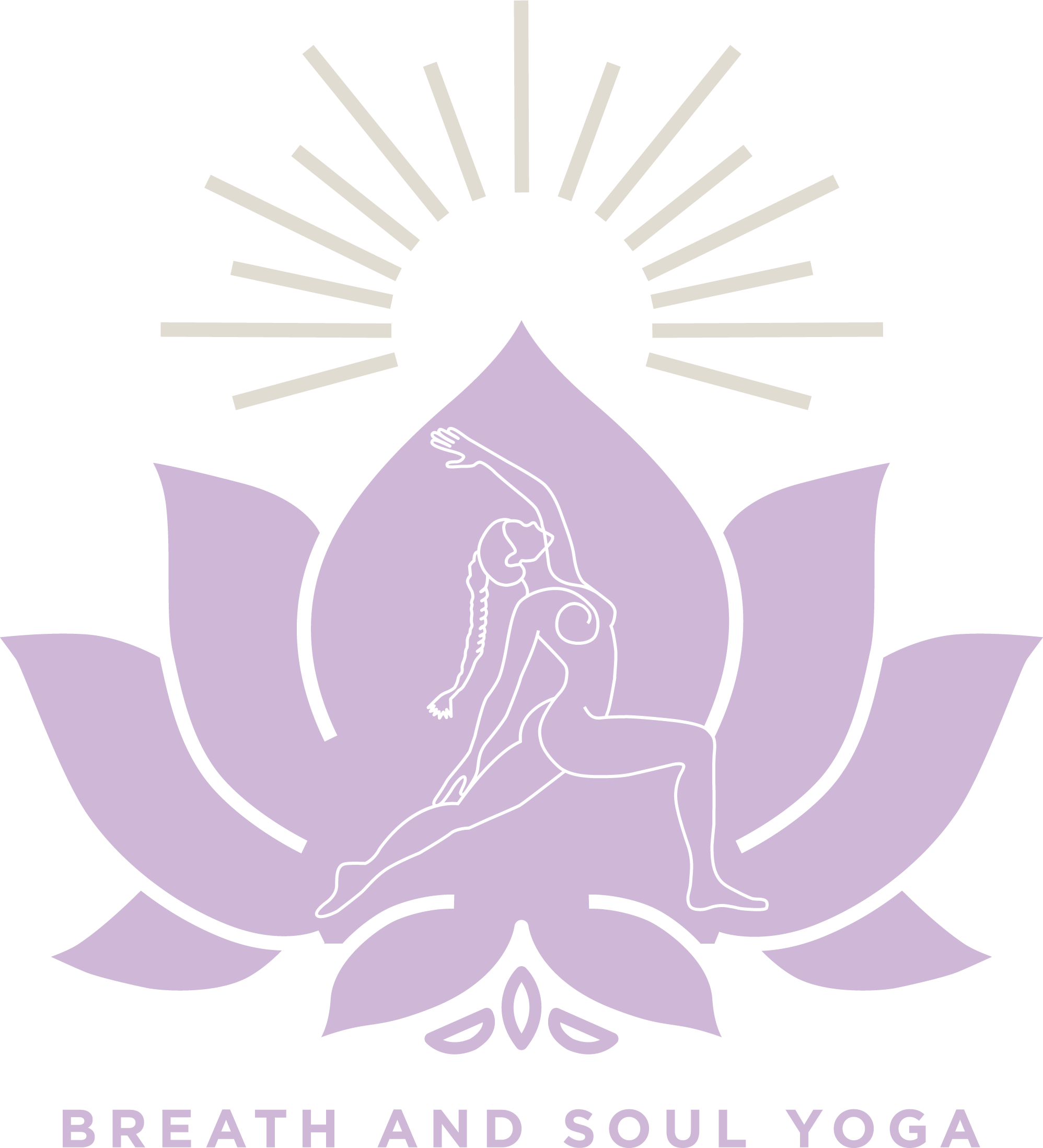 A stylized illustration of a woman in a yoga pose centered within a lotus flower design, with radiant lines emanating from above. The text below reads 'BREATHE AND SOUL YOGA'.