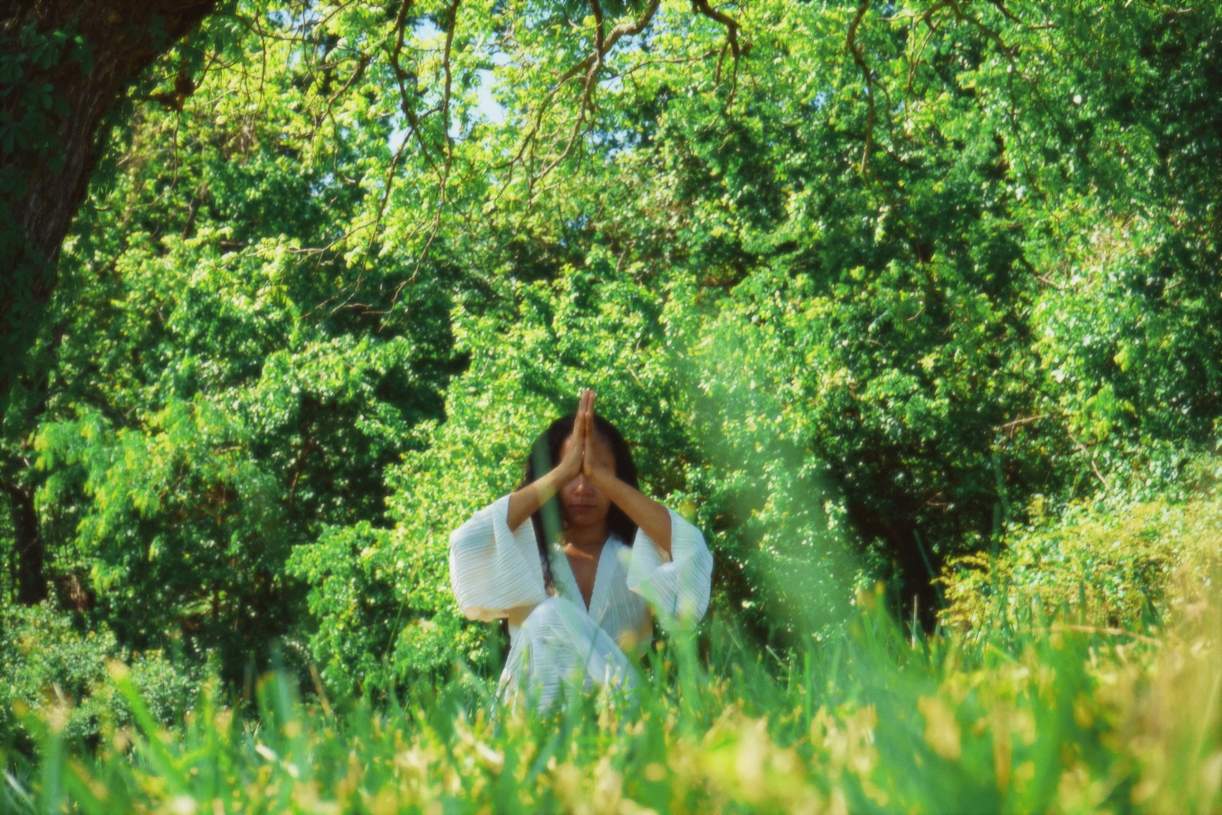 A woman practicing yoga outdoors in a forested area with tall green trees and sunlight filtering through the leaves.