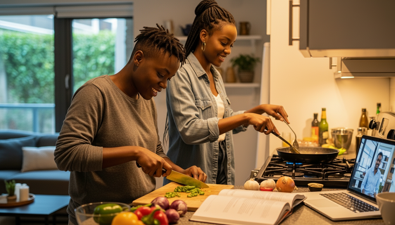 Two women cooking in a kitchen while on a video call with a man on a laptop, surrounded by vegetables and cooking tools.
