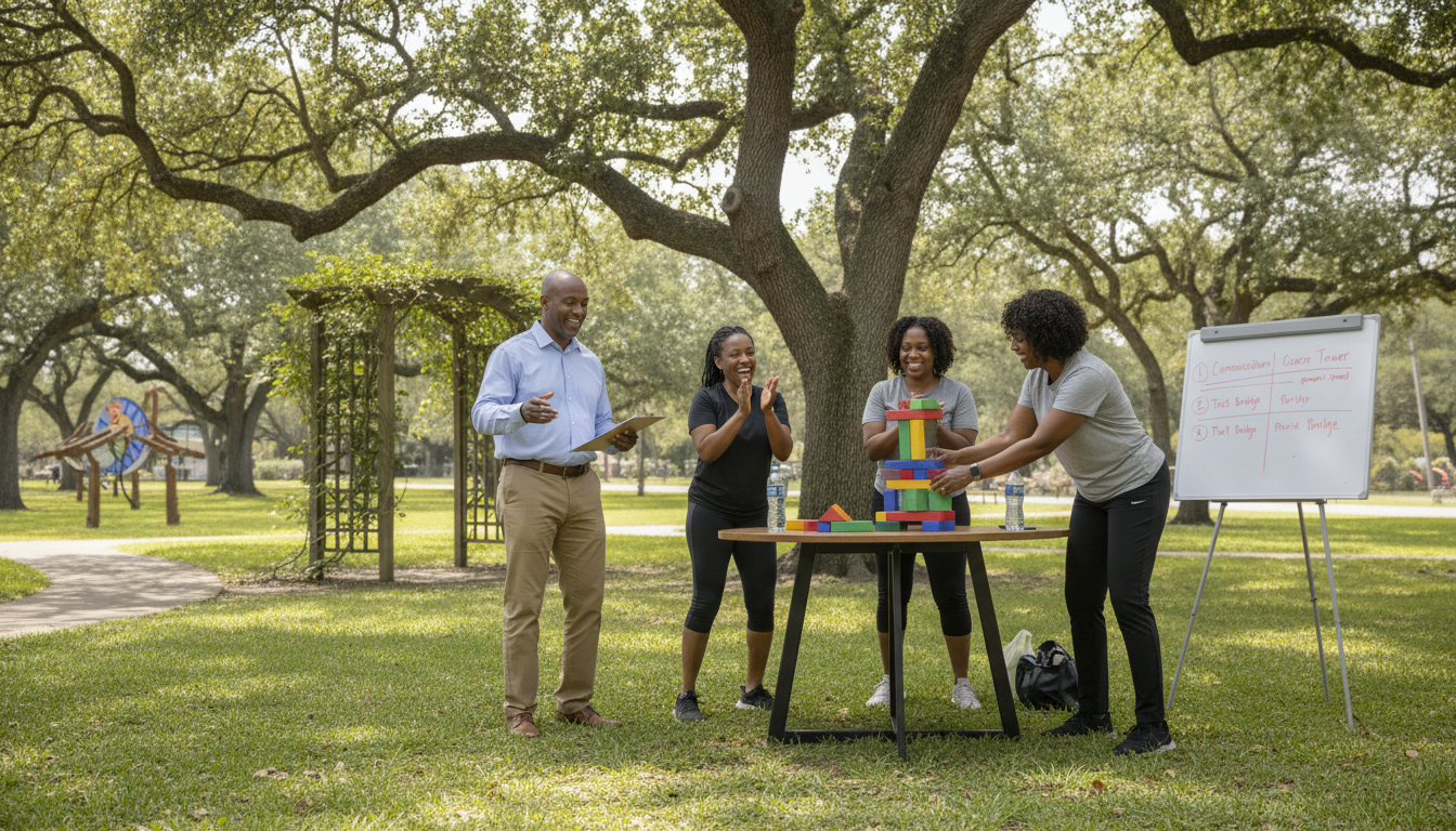 A group of four people playing Jenga outdoors in a park, with trees in the background. One person is watching and clapping, another is holding a tablet, and the other two are arranging Jenga blocks on a table. There is a whiteboard on an easel with writing and water bottles on the table.