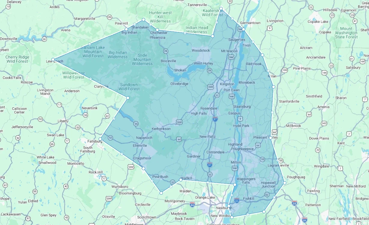 AeroDrop Service Providers HVAC service area map covering Ulster and Dutchess Counties New York