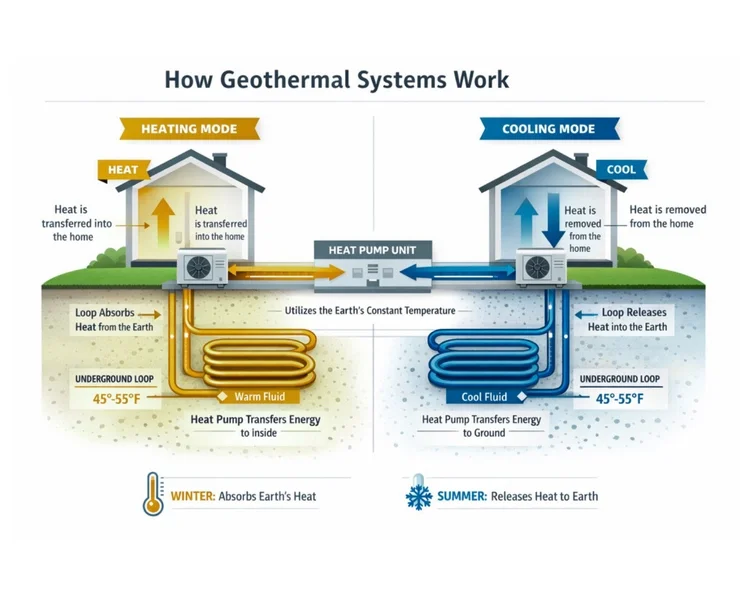 Diagram showing how geothermal heat pump systems work in heating and cooling mode using underground loops