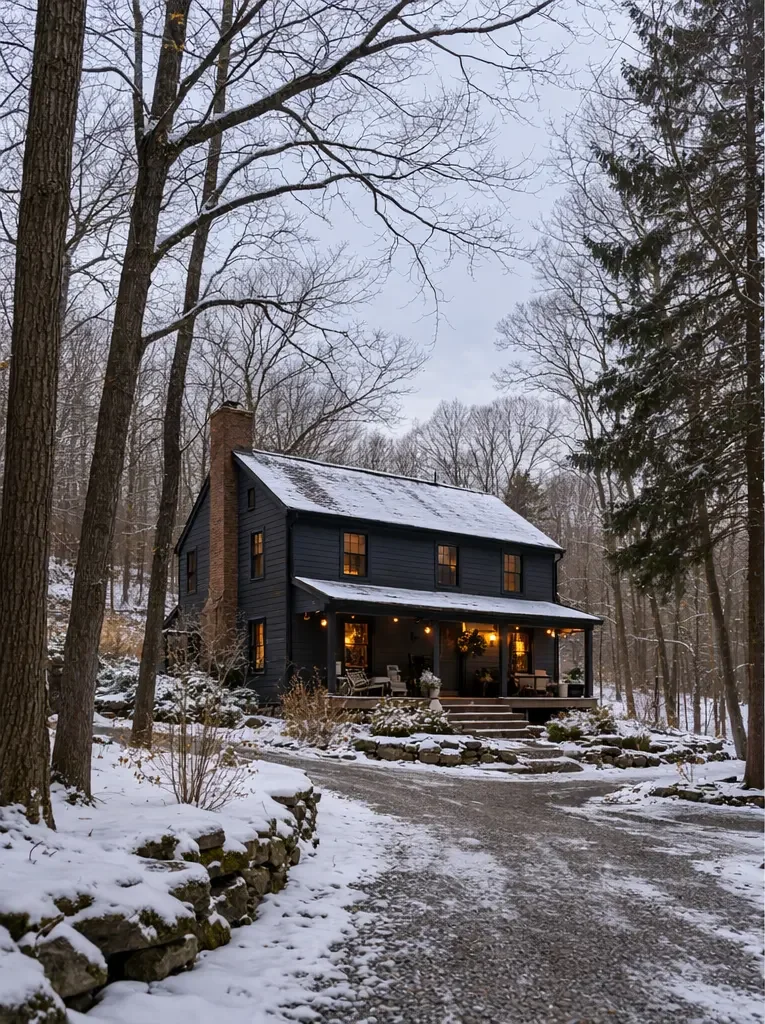 Dark farmhouse-style home in Hudson Valley surrounded by snow-covered trees heated by geothermal energy