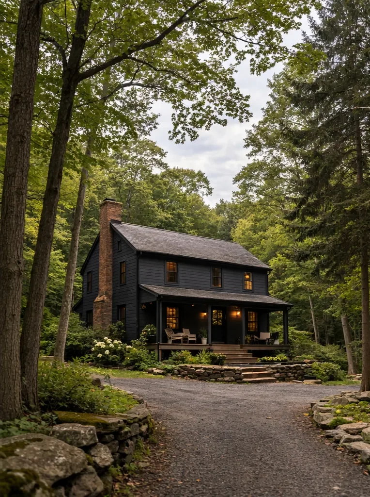 Dark farmhouse-style home in Hudson Valley surrounded by lush summer trees cooled by geothermal energy