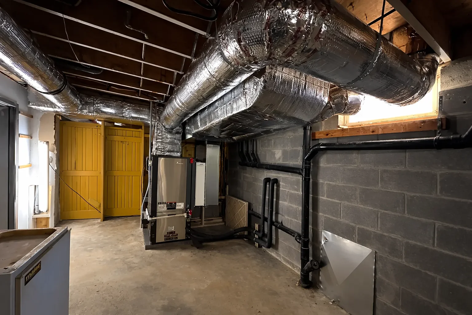 Completed geothermal heat pump installation in a basement mechanical room by AeroDrop Service Providers in Ulster County NY