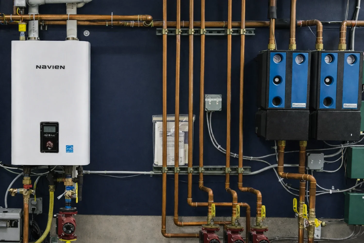 Navien high-efficiency condensing boiler installation with copper piping and zone valves by AeroDrop in Ulster County NY