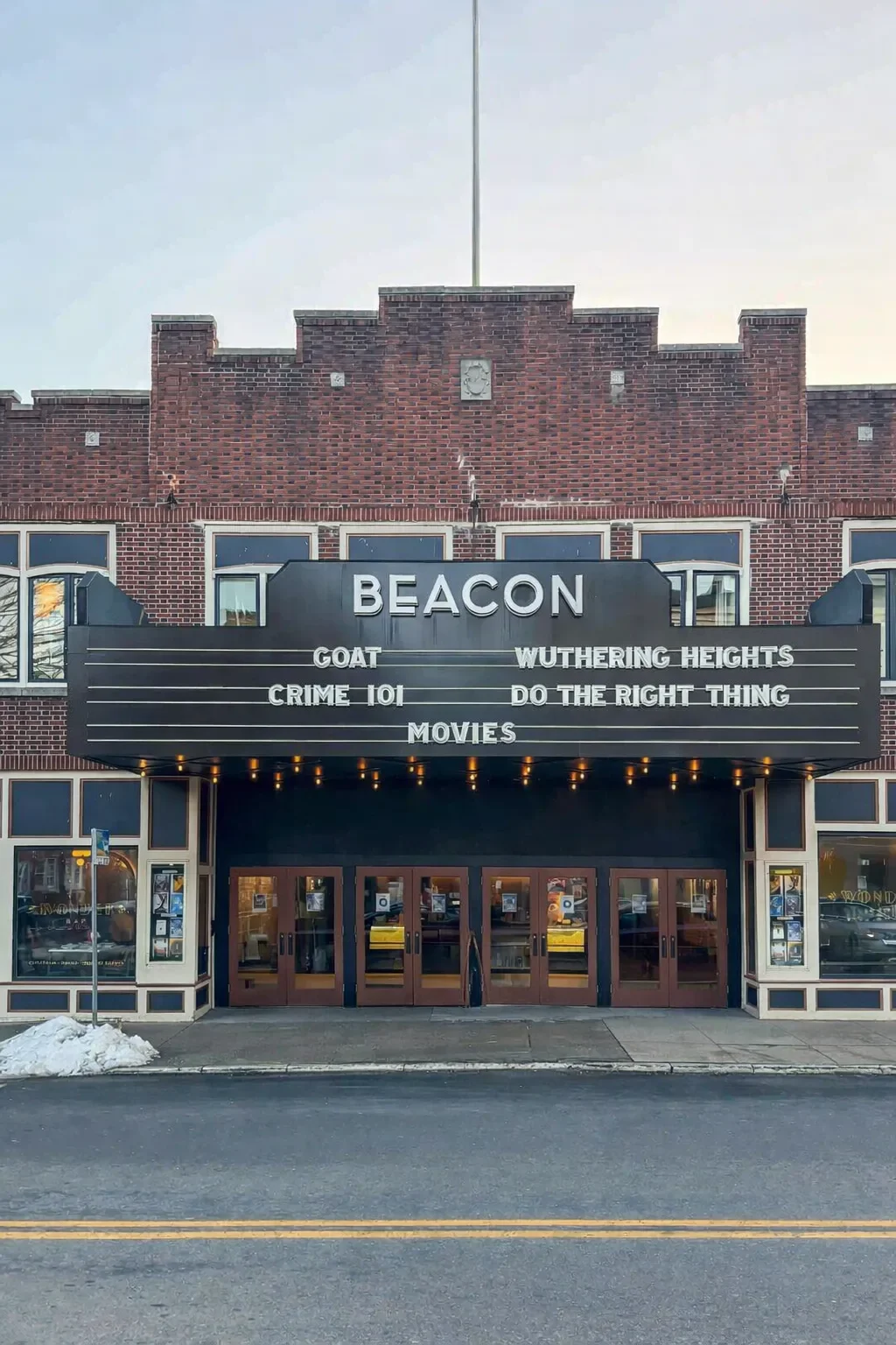Beacon Theater marquee in winter in Dutchess County NY within AeroDrop HVAC service area