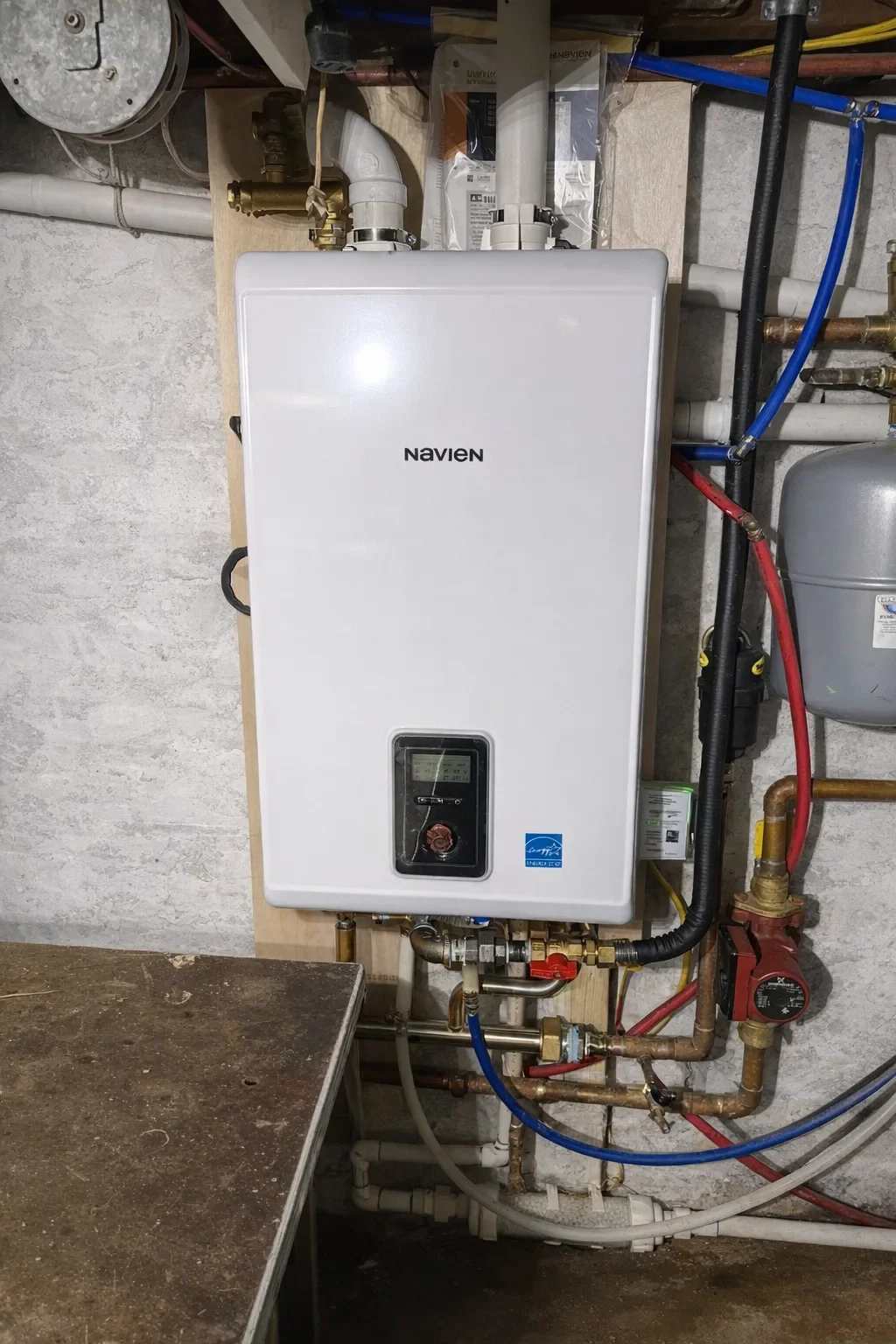 Navien condensing boiler with expansion tank and piping installed by AeroDrop in Ulster County NY