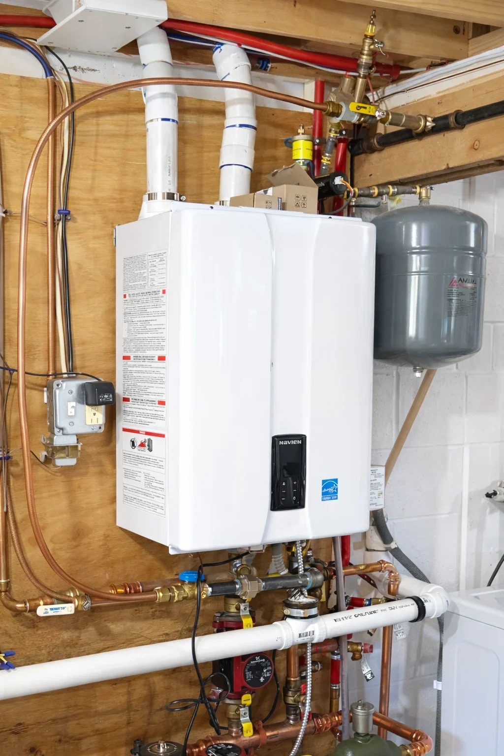 Navien combi boiler with expansion tank and PVC venting installed by AeroDrop in Ulster County NY
