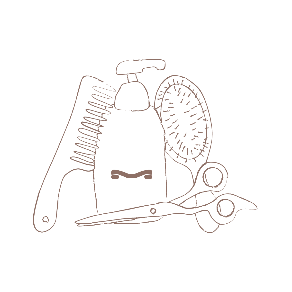 A minimalist line drawing of various grooming tools including a hairbrush, scissors, a hand mirror, a bottle, a comb, and a round brush, arranged together.