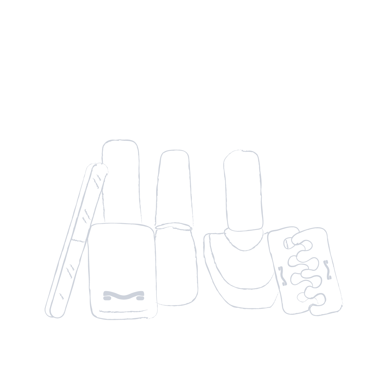 Outline drawing of various nail polish bottles and a nail file.