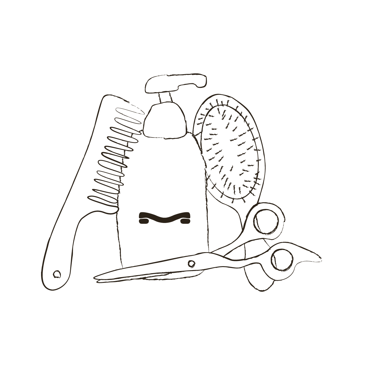 A line drawing of various personal grooming items including a comb, soap pump, a wooden spoon, scissors, and a sponge or scrubber.