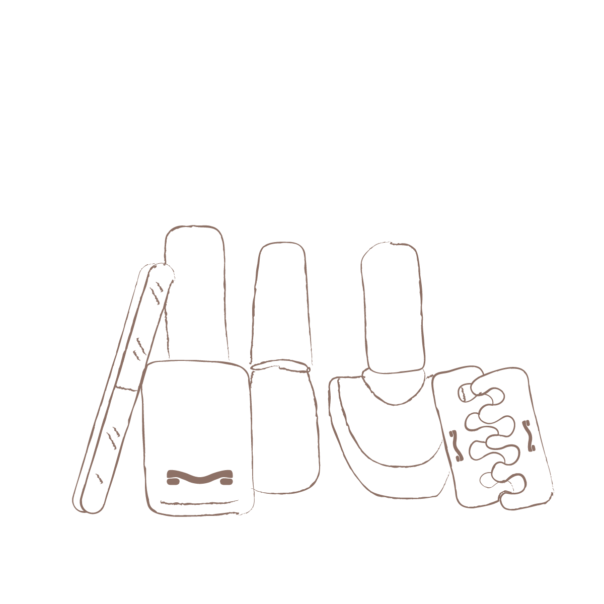 Outline drawing of various nail polish bottles and a nail file.