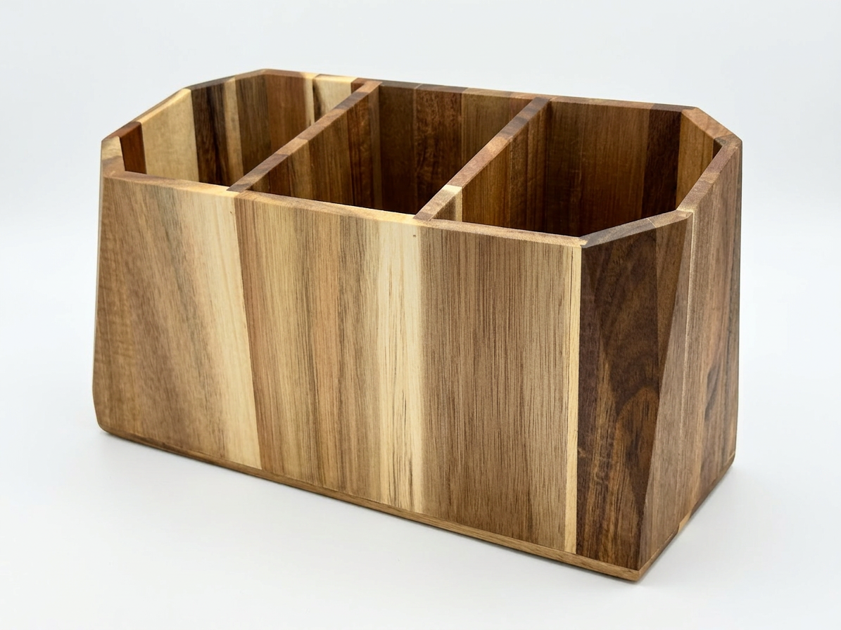 $85  -  Kitchen Utensil Holder (Large):

Acacia Wood kitchen utensil holder with three compartments, features attractive beveled edges and sloped top. Approx. 12" long, 5" deep, 7" tall. Able to be engraved on front and/or rear (long) sides.