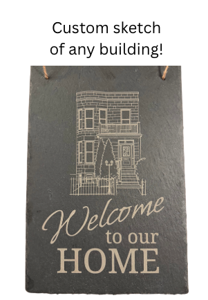 Custom outline sketch of any building, accompanied by wording of your choice.
