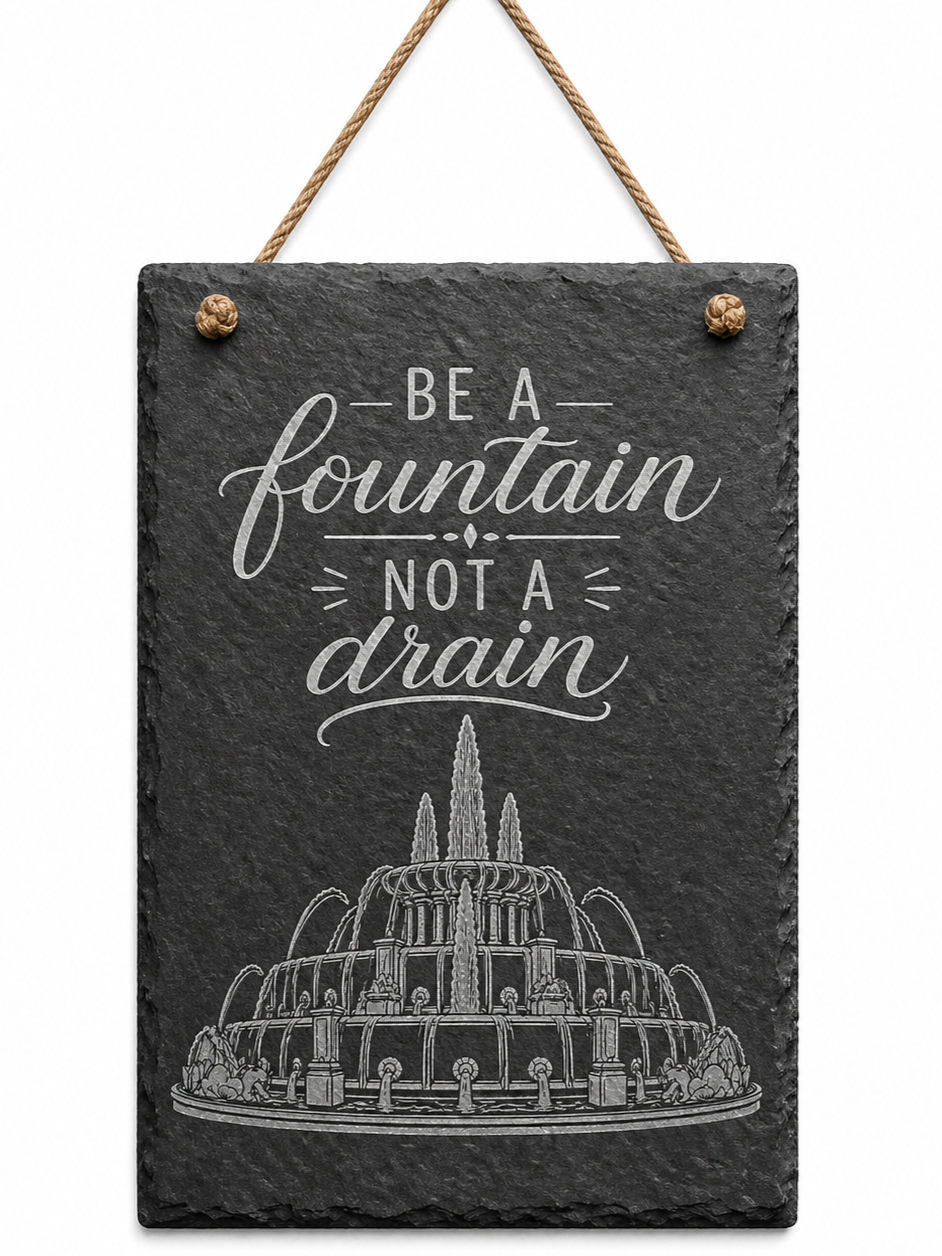 Inspirational message, a reminder to give positivity and energy to others, above an outline sketch of Chicago's Buckingham Fountain. 