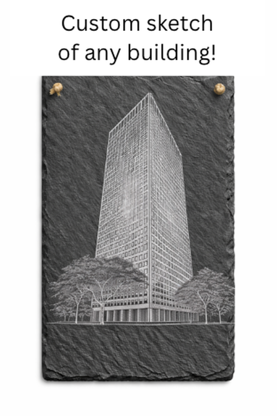 Custom outline sketch of any building, presented on its own or with additional wording of your choice, such as "Welcome".