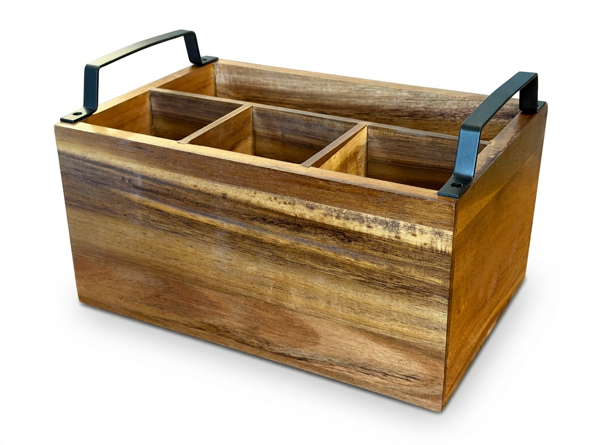 $55  -  Table Utensil and Napkin Caddy:

Acacia Wood with metal handles. Three smaller compartments and one larger compartment, perfect for table utensils, napkins and basic condiments. Can be engraved on front and/or back (long) sides. 