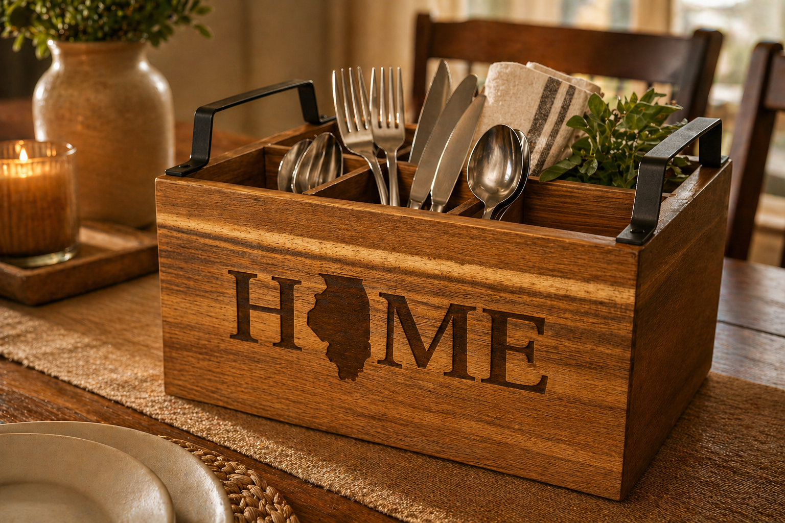 Simple "HOME" text with a silhouette of Illinois in place of the O. 