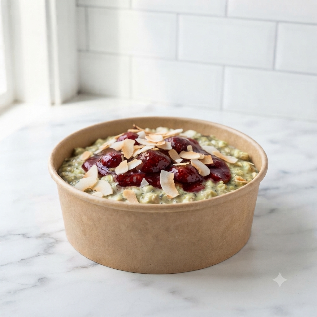 Plate: Matcha Overnight Oats with Strawberry Compote & Toasted Coconut