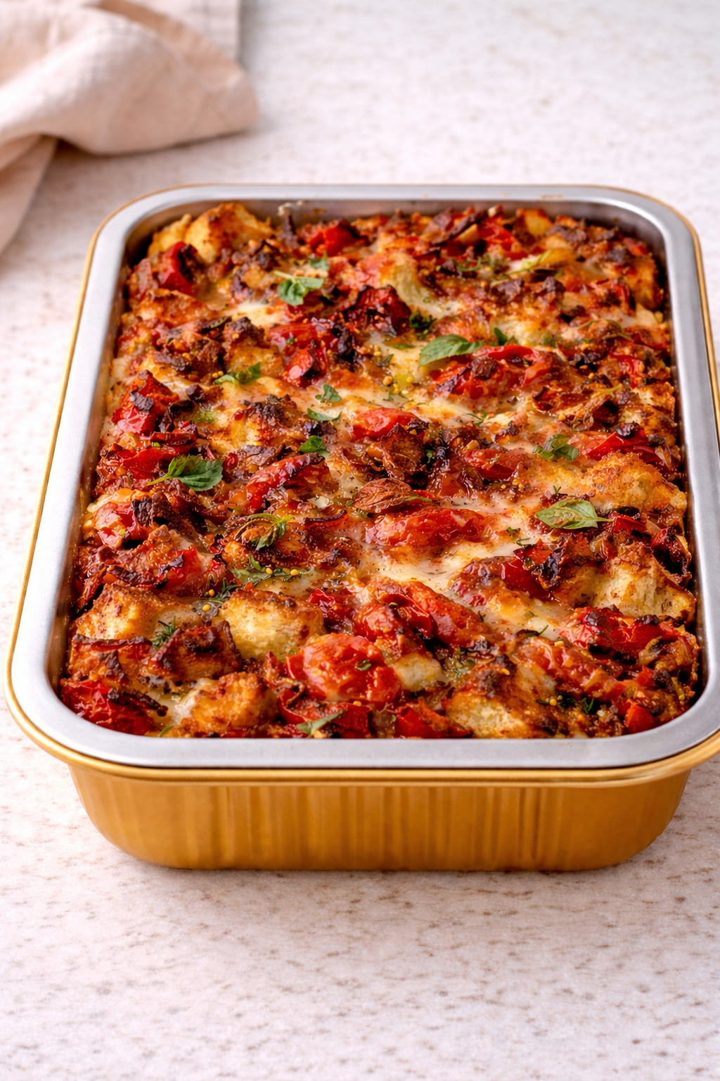 Savory Sourdough Strata with Fontina & Herby Pesto  (Serves 4)