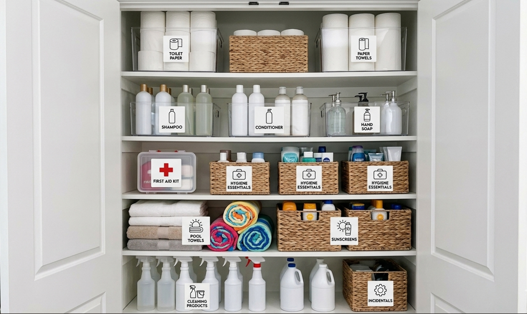 A well-organized bathroom cabinet with labeled baskets and bottles containing toiletries such as toilet paper, paper towels, shampoo, conditioner, hand soap, first aid kit, hygiene essentials, pool towels, sunscreens, cleaning products, and incidentals.