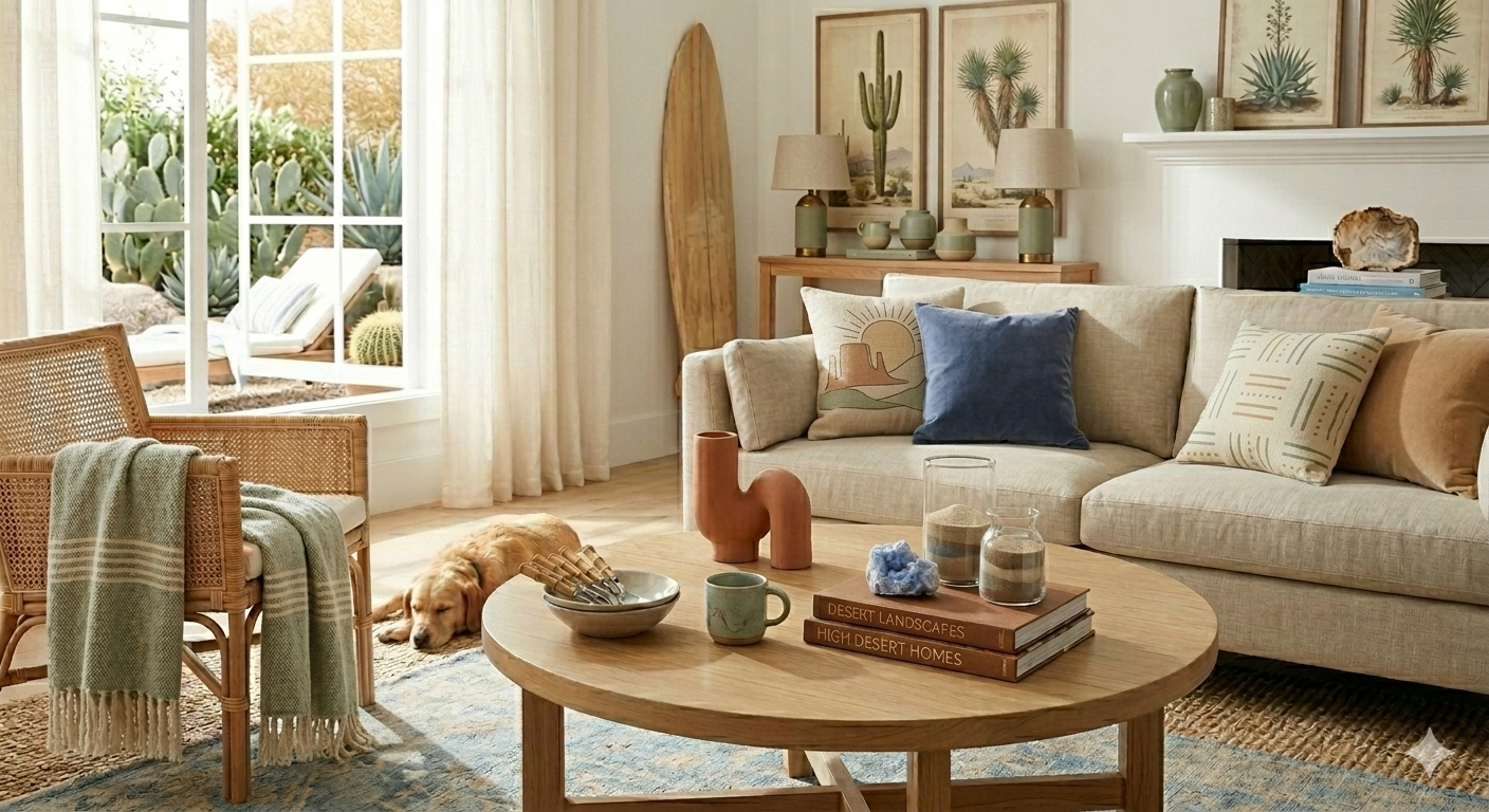 Cozy living room with beige sofa, colorful pillows, wooden coffee table, rattan chair with blanket, and a dog resting on the floor. Large window with curtains shows outdoor cactus garden.