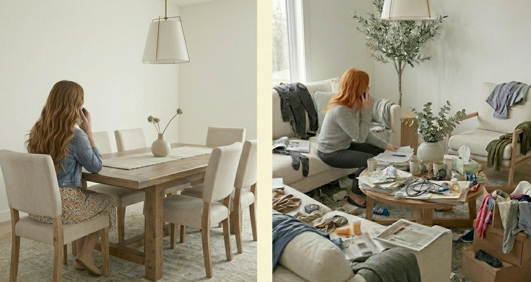 Split image showing a woman with long red hair talking on the phone at a clean, minimalist dining table on the left, and a woman with orange hair and messy living room on the right, surrounded by clutter and laundry.