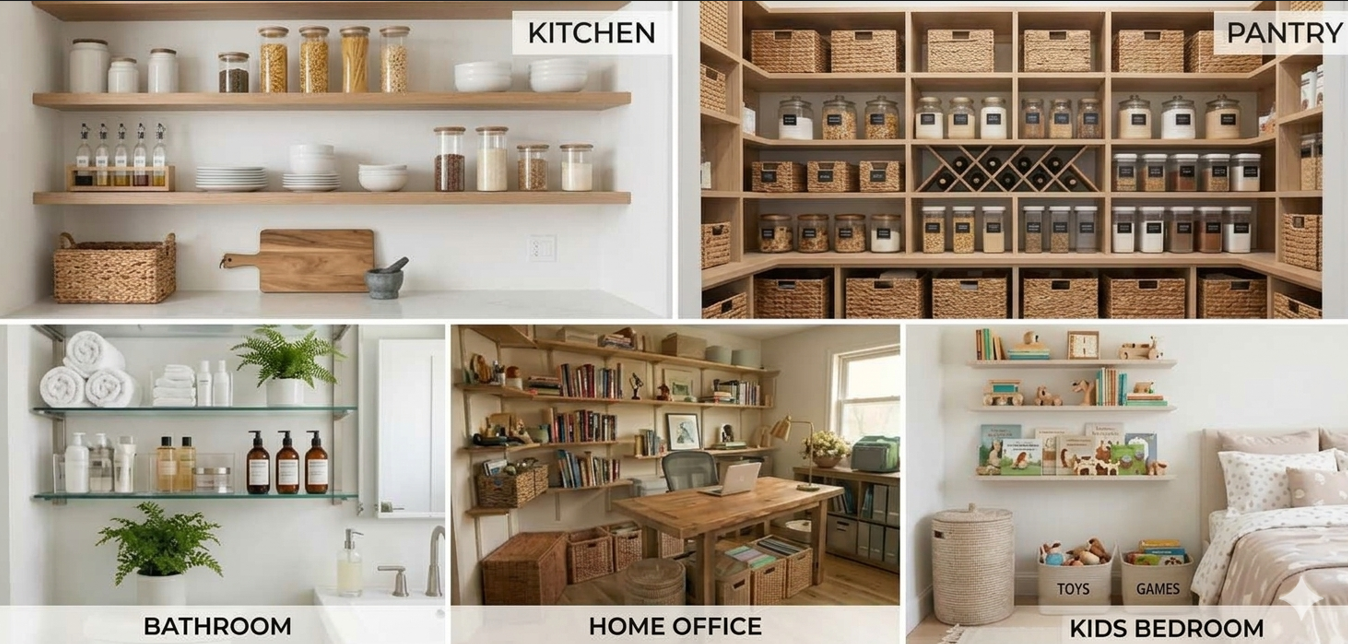 Organized home storage and room setups, including kitchen with shelves and jars, pantry with labeled containers and baskets, bathroom with toiletries and towels, home office with books and desk, kids bedroom with toys and books.