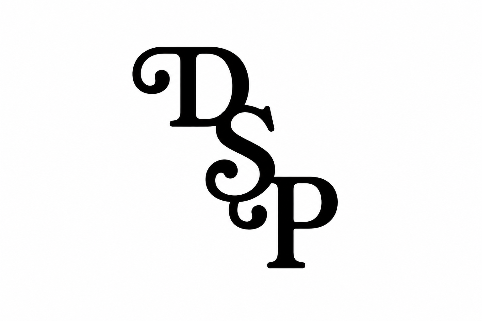 Decorative black text displaying the letters D, S, P arranged vertically with ornate styling on a white background.