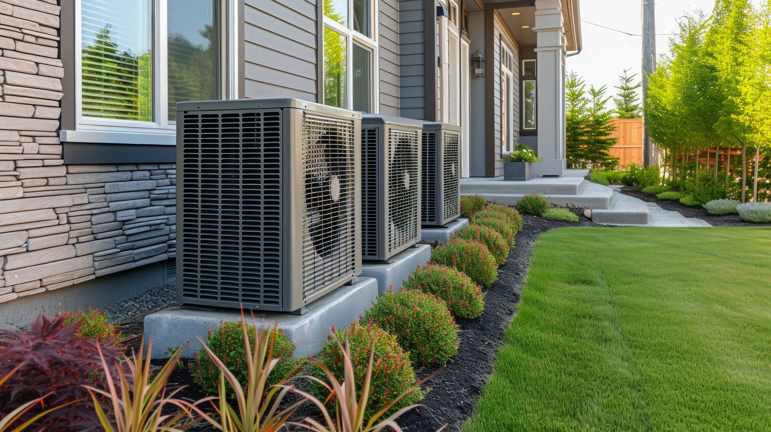 Outdoor view of a house with three central air conditioning units beside a landscaped lawn and garden with small bushes, plants, and trees.